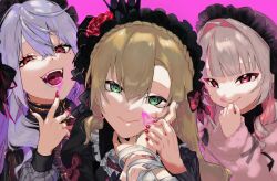  1boy 1other 2girls black_hairband blonde_hair braid brown_hair colored_inner_hair commentary_request crossdressing crossdressing_(mtf) crown crown_braid fang green_eyes grey_hair hair_intakes hairband hand_on_another's_cheek hand_on_another's_face heart heart-shaped_pupils highres lavie_(vocaloid) licking_lips makaino_ririmu makaino_ririmu_(5th_costume) multicolored_hair multiple_girls mushikko_(irotigai_zyana1) nail_polish nijisanji official_alternate_costume open_mouth pink_eyes pov red_eyes red_nails sanya_(1st_costume)_(nijisanji) sanya_(nijisanji) skin_fang smile symbol-shaped_pupils tongue tongue_out trap two-tone_hair upper_body uzuki_kou uzuki_kou_(4th_costume) virtual_youtuber 