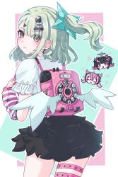  1girl 3girls aria_(zenless_zone_zero) arm_warmers bag black_hair blush bow colored_inner_hair commentary_request earrings green_bow green_eyes green_hair hair_bow hair_ornament halo highres jewelry looking_at_viewer multicolored_hair multiple_girls multiple_hair_clips musical_note_earrings nangong_yu open_mouth pink_arm_warmers pink_hair red_eyes shirt skirt smile streaked_hair striped_arm_warmers sunna_(zenless_zone_zero) tb5dw3 twintails white_shirt white_wings winged_bag wings zenless_zone_zero 