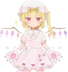  1girl :/ absurdres alternate_costume animal_collar animal_ear_fluff animal_ears animal_hands ascot bell blonde_hair blush cat_ears closed_mouth collar commentary_request crystal crystal_wings dress flandre_scarlet flandre_scarlet_(overly_possessed_house-bound_cat_spirit) gloves hat highres jingle_bell looking_at_viewer loveplum0510 mob_cap multicolored_wings neck_bell one_side_up paw_gloves paw_print print_dress red_eyes short_sleeves solo touhou touhou_lostword twitter_username white_ascot white_dress white_hat wings 
