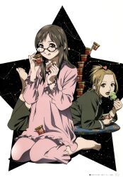  2girls :p barefoot bead_bracelet beads blonde_hair blush bracelet brown_eyes brown_hair constellation cousins food glasses highres holding holding_food holding_ice_cream ice_cream ice_cream_spoon jewelry kite_liberator long_hair looking_at_viewer multiple_girls night noguchi_azuki noguchi_monaka official_art open_mouth pajamas pillow pink_pajamas scan spoon star_(symbol) tongue tongue_out umetsu_yasuomi yellow_eyes 