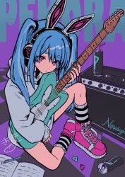  1girl absurdres animal_ears bendy_straw blue_hair character_name checkered_floor closed_mouth commentary crushed_can drinking_straw grey_hoodie hair_between_eyes headphones highres hololive hood hood_down hoodie kiritoma knee_up long_hair long_sleeves on_floor pen pink_shoes plectrum puffy_long_sleeves puffy_sleeves purple_background rabbit-shaped_pupils rabbit_ears red_eyes shoes short_eyebrows signature sitting sleeves_past_wrists socks solo striped_clothes striped_socks symbol-shaped_pupils thick_eyebrows twintails usada_pekora virtual_youtuber 