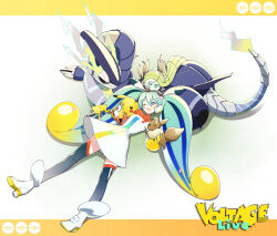  2girls agonasubi aqua_eyes aqua_hair black_dress black_thighhighs blonde_hair blue_thighhighs blush commentary_request dress eevee full_body gradient_hair green_hair hair_between_eyes hair_ornament hatsune_miku headset highres long_hair meloetta meloetta_(aria) miku_day miraidon multicolored_eyes multicolored_hair multiple_girls one_eye_closed open_mouth pikachu poke_ball_theme pokemon pokemon_(creature) project_voltage red_eyes smile thigh-highs twintails very_long_hair vocaloid 