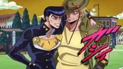  3boys arm_around_neck arm_around_shoulder beard blonde_hair blue_coat blue_eyes blue_hair bracelet brooch building cigarette clenched_teeth clouds coat commentary_request cowboy_hat crazy_diamond_no_akuryouteki_shitsuren diamond_wa_kudakenai earrings facial_hair gakuran green_hat green_jacket grin hachuart hand_in_pocket hat heart heart_brooch higashikata_josuke high_collar highres hol_horse horseshoe_ornament jacket jewelry jojo_no_kimyou_na_bouken lamppost male_focus menacing_(jojo) multiple_boys necktie official_style outdoors peace_symbol pompadour red_necktie school_uniform shirt sky smile stardust_crusaders stud_earrings sweatdrop teeth torn_clothes torn_sleeves tree watch watch yellow_shirt yellow_sky 