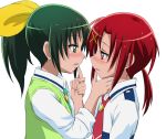  blush bust commentary_request eye_contact green_eyes green_hair hair_ribbon hair_tie hino_akane incipient_kiss long_hair looking_at_another midorikawa_nao multiple_girls necktie open_mouth precure profile red_eyes red_hair redhead ribbon school_uniform simple_background sleeves_rolled_up smile_precure! suzushiro_yukari sweater_vest white_background yuri 