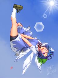  1girl 9rimson bike_shorts blue_background blue_dress blue_hair blue_sky bow breasts brown_shoes cirno commentary_request day dress full_body green_bow hair_bow ice ice_wings looking_at_viewer open_mouth outdoors puffy_short_sleeves puffy_sleeves shoes short_hair short_sleeves shrimp sky small_breasts smile socks solo sun touhou upside-down v_arms violet_eyes white_socks wings 