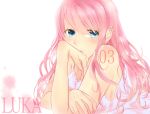  bare_shoulders blue_eyes character_name long_hair looking_at_viewer megurine_luka nail_polish pink_hair rimine simple_background solo tattoo vocaloid 