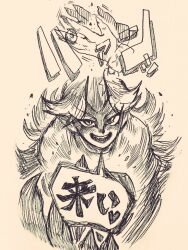  1girl commentary_request cuffs horns hoshiguma_yuugi long_hair menotama multi-source_commentary oni open_mouth setsubun shackles sharp_teeth shirt single_horn smile solo speech_bubble teeth touhou traditional_media translation_request very_long_hair 