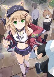  1boy 2girls absurdres aig8654fez alisa_(kamihime_project) bare_shoulders baseball_cap belt belt_collar black_choker black_dress black_gloves black_hat black_shorts black_thighhighs blonde_hair blue_eyes breasts brown_hair casual choker closed_mouth collar collarbone commentary crepe crop_top cross-laced_shoes dress expressionless food frown full_body gloves green_eyes hair_ornament hair_ribbon hairclip hands_up hat highres holding holding_crepe holding_food holding_hands jacket jacket_partially_removed jitome kamihime_project lancelot_(kamihime_project) looking_at_another looking_at_viewer medium_breasts medium_hair multiple_girls navel off-shoulder_dress off_shoulder on_stairs open_clothes open_jacket outdoors parallel_hairclips ponytail purple_belt red_jacket red_ribbon ribbed_dress ribbon shoes short_dress short_shorts shorts sidelocks sneakers solo_focus split_mouth standing stomach thigh-highs v-shaped_eyebrows white_shoes white_thighhighs x_hair_ornament yellow_ribbon zettai_ryouiki 