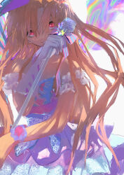  1girl absurdres animal_print bare_shoulders blonde_hair bow bowtie butterfly_print commentary_request cowboy_shot detached_sleeves dress energy_wings evil_grin evil_smile eyelashes frilled_sleeves frills grin hair_between_eyes hat highres holding holding_microphone holding_microphone_stand idol lace-trimmed_bow lace_trim long_hair medium_dress microphone microphone_stand mini_hat miracle_nikki multicolored_wings nikki_(series) parted_bangs pink_eyes pink_hat plaid_clothes plaid_dress print_bow print_bowtie purple_bow purple_bowtie purple_wrist_cuffs short_sleeves simple_background sleeveless sleeveless_dress smile solo standing stylist_(nikki) uro_(uvxkf) very_long_hair waist_bow wavy_hair white_background white_sleeves wings wrist_cuffs 