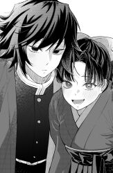  1boy 1girl belt buttons demon_slayer_uniform empty_eyes hair_between_eyes haori high_collar highres jacket japanese_clothes kikkoumon kimetsu_no_yaiba kimono long_hair looking_at_viewer low_ponytail lower_teeth_only nem_yamm ponytail print_haori simple_background smile spiky_hair teeth tomioka_giyuu tomioka_tsutako tongue upper_body white_background 