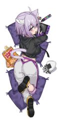  1girl 1other absurdres ahoge animal_ear_fluff animal_ears black_hoodie cat_ears cat_girl cat_tail chips_(food) commentary cropped_hoodie double-parted_bangs food from_above from_behind full_body hair_between_eyes handheld_game_console highres hololive hood hoodie leg_up light_blush looking_back lying midriff nekomata_okayu nekomata_okayu_(1st_costume) nintendo_switch on_pillow on_stomach onigiri open_mouth pants pillow potato_chips purple_hair purple_tail ranf shoes short_hair simple_background solo_focus sweatpants tail tail_through_clothes violet_eyes virtual_youtuber white_background white_pants 