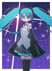  1girl aqua_eyes aqua_hair aqua_necktie aqua_trim black_shoes black_skirt black_sleeves black_thighhighs border bright_pupils closed_mouth commentary cowboy_shot detached_sleeves grey_shirt hatsune_miku headset highres kinnzoku long_hair looking_at_viewer necktie outside_border purple_background shirt shoes skirt sleeveless sleeveless_shirt sleeves_past_fingers sleeves_past_wrists solo sparkle_background standing thigh-highs twintails twitter_username untranslatable_commentary very_long_hair vocaloid white_border 