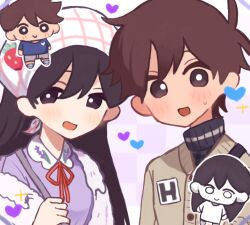  1boy 1girl :d antenna_hair bag black_eyes black_hair black_sweater blush breasts bright_pupils brown_cardigan brown_eyes brown_hair buttons cardigan chibi chibi_inset collared_shirt commentary contrast_collar double-parted_bangs forehead-to-forehead fur_jacket grey_bag hair_behind_ear hair_between_eyes hand_up heads_together headscarf heart hero_(birthday)_(omori) hero_(faraway)_(omori) hero_(omori) highres jacket jacket_partially_removed jajajam_yummy looking_at_viewer mari_(birthday)_(omori) mari_(faraway)_(omori) mari_(omori) mari_(spirit)_(omori) neck_ribbon no_nose no_sclera official_alternate_costume omori open_clothes open_jacket open_mouth outline purple_background purple_shirt red_ribbon ribbon shirt short_hair shoulder_bag simple_background small_breasts smile sparkle straight_hair sweatdrop sweater tareme turtleneck turtleneck_sweater upper_body very_short_hair white_headscarf white_jacket white_outline white_pupils 
