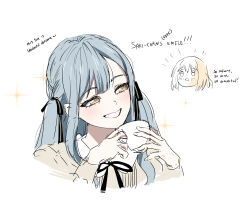  2girls bang_dream! bang_dream!_it's_mygo!!!!! black_ribbon blue_hair blush commentary english_commentary english_text hair_ribbon highres long_hair long_sleeves miomujica misumi_uika multiple_girls ribbon sidelocks smile togawa_sakiko two_side_up upper_body violet_eyes yellow_eyes 