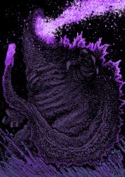  absurdres atomic_breath azoinab bioluminescence black_background breath_weapon claws commentary commission energy_beam english_commentary full_body giant giant_monster glowing glowing_spines glowing_tail godzilla godzilla_(series) godzilla_(shin) highres kaiju mouth_beam no_humans open_mouth purple_theme sharp_teeth shin_godzilla solo spines tail teeth violet_eyes 