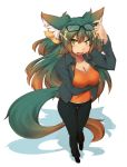 animal_ears breast_hold breasts brown_hair cleavage fang fox_ears fox_tail glasses glasses_on_head gradient_hair green_eyes green_hair hair_ornament holding holding_glasses jacket kuromiya kuromiya_raika long_hair multicolored_hair open_mouth original pants shadow simple_background smile solo tail white_background 