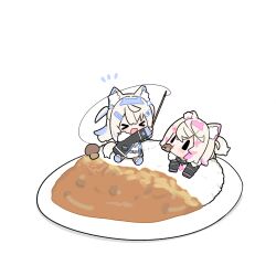  >_< 2girls absurdres animal_collar animal_ear_fluff animal_ears bandaid bandaid_hair_ornament belt black_collar black_jacket blue_belt blue_hair blue_hairband blush brown_hair chibi chibi_only closed_eyes collar colored_inner_animal_ears commentary crossed_bangs curry curry_rice dog_ears dog_girl dog_tail dress fake_horns fishing_rod food food_in_mouth fur-trimmed_jacket fur_trim fuwawa_abyssgard fuwawa_abyssgard_(1st_costume) hair_ornament hairband hairclip highres holding holding_fishing_rod hololive hololive_english horn_hairband horns jacket long_hair lying mococo_abyssgard mouth_hold multicolored_hair multiple_girls mushroom notice_lines on_stomach open_mouth parallel_hairclips pink_hair pink_hairband plate rice siblings simple_background sisters sitting sleeves_past_fingers sleeves_past_wrists snowmya streaked_hair tail twins virtual_youtuber white_background white_dress x_hair_ornament |_| 