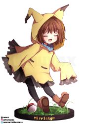 1other :d ankle_boots arm_at_side black_thighhighs blue_sweater boots brown_boots brown_hair character_name child cloak closed_eyes commentary contrapposto cosplay diorama english_commentary facing_ahead fang frisk_(undertale) grass highres hood hood_up hooded_cloak instagram_logo instagram_username ko-fi_logo ko-fi_username long_sleeves looking_ahead mimikyu mimikyu_(cosplay) nuvex on_ground open_mouth other_focus petticoat poke_ball pokemon short_hair sidelocks simple_background skin_fang sleeves_past_fingers sleeves_past_wrists smile solo standing standing_on_one_leg sweater thigh-highs tongue tumblr_logo tumblr_username turtleneck turtleneck_sweater u_u undertale utdr_(toby_fox) white_background wide_sleeves yellow_cloak zettai_ryouiki 