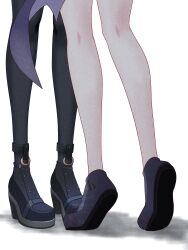 2girls ako_(blue_archive) black_shoes black_thighhighs blue_archive commentary_request feet feet_only highres implied_kiss kayoko_(blue_archive) multiple_girls platform_shoes purple_wings shadow shoes single_wing standing tanutika thigh-highs tiptoes watermark wings yuri 