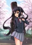  black_hair blush brown_hair cherry_blossoms guitar_case instrument_case k-on! long_hair nakano_azusa open_mouth petals pleated_skirt ryunnu school_uniform skirt solo sunlight twintails wind 