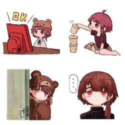  1girl :3 ahoge animal_hood beanie bear_hood brown_hair computer dog door hair_ornament hat hood instant_cup_noodles instant_noodles iwakura_lain nzzcsm red_eyes serial_experiments_lain third-party_source white_background x_hair_ornament 