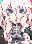  blue_eyes braid character_name close-up eyelashes face hands ia_(vocaloid) lips long_hair looking_at_viewer microphone nail_polish open_mouth pink_hair puri solo sparkle twin_braids vintage_microphone vocaloid 