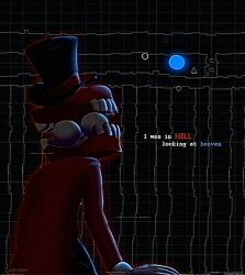  artlendraw black_background black_hat caine_(the_amazing_digital_circus) circle coat commentary english_commentary english_text eye_in_mouth from_behind gloves glowing grid_background hat highres open_mouth red_coat teeth the_amazing_digital_circus top_hat triangle upper_body white_gloves 