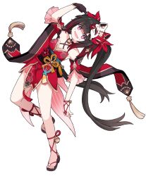  1girl @_@ arm_up bare_shoulders bell black_choker black_gloves black_hair black_sash choker circle_facial_mark commentary criss-cross_halter dress english_commentary facial_mark finger_to_head flower_tattoo fox_mask full_body gloves halterneck hand_up highres honkai:_star_rail honkai_(series) long_hair mark_under_both_eyes mask neck_bell open_mouth pink_eyes red_dress red_sleeves sandals sash simple_background solo sparkle_(honkai:_star_rail) standing standing_on_one_leg tattoo twintails very_long_hair white_background xtacy 