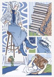  1girl alternate_costume blue_boots blue_dress book book_stack boots brown_sweater casual collage dress earrings elf frieren green_eyes hand_on_own_hip high_heel_boots high_heels highres hilla_rian jacket jewelry multiple_views nightgown on_bed on_stool parted_lips pointy_ears reading sousou_no_frieren stool striped_clothes striped_jacket sweater teardrop_earrings vertical-striped_clothes vertical-striped_jacket white_hair white_jacket white_nightgown 
