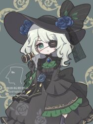  1girl black_bow black_dress black_gloves black_hat bow commentary dress dress_bow eyepatch frilled_sleeves frills gloves goth_fashion gothic_lolita green_eyes hat highres holding komeiji_koishi komeiji_koishi_(heartless_swamp_lady) lolita_fashion long_hair looking_at_viewer moaixiang59173 official_alternate_costume parted_lips sleeves_past_wrists solo touhou touhou_lostword white_hair 