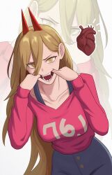  1girl absurdres blonde_hair breasts buttons chainsaw_man collarbone cross-shaped_pupils demon_girl demon_horns english_commentary english_text facing_viewer finger_in_own_mouth hair_behind_ear hair_between_eyes heart highres horns leaning_forward long_hair long_hair_between_eyes looking_at_viewer milkmountain multicolored_hair open_mouth pants pants_rolled_up power_(chainsaw_man) red_horns ringed_eyes sharp_teeth shirt_partially_tucked_in simple_background solo symbol-shaped_pupils teeth two-tone_hair upper_body white_background 