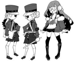  3girls armband baton_(weapon) black_shorts boots bra caroline_(persona_5) clipboard double_bun dowman_sayman eyepatch fur-trimmed_jacket fur_trim glasses greyscale hair_bun hat headphones jacket justine_(persona_5) long_hair long_sleeves monochrome multiple_girls necktie persona persona_5 persona_5_the_royal ponytail sakura_futaba shorts siblings smile thigh-highs third-party_source twins underwear weapon white_background zettai_ryouiki 