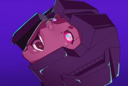  1girl absurdres colored_sclera dandadan genderswap genderswap_(mtf) highres lillified2 looking_at_viewer metal_skin open_mouth parody portrait purple_background red_sclera robot_girl solo starscream style_parody teeth transformers 