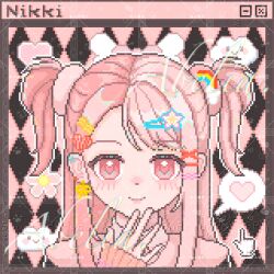  1girl abelia_(xianyu966) argyle_background arm_warmers black_background black_jacket chinese_commentary closed_mouth clouds collared_shirt commentary_request commission dot_nose ear_piercing flower fur-trimmed_jacket fur_trim gyaru hair_ornament hair_scrunchie hairclip hand_cursor hand_on_own_chin happy heart highres infinity_nikki jacket light_blush lipstick long_hair makeup multicolored_hair nikki_(series) outline parallel_hairclips piercing pink_arm_warmers pink_background pink_eyes pink_flower pink_hair pink_lips pink_scrunchie pink_shirt pixel_art rainbow_hair_ornament ribbon ribbon_earrings rosie_sweetheart_(infinity_nikki) sample_watermark scrunchie shirt sidelocks smile solo speech_bubble split-color_hair spoken_heart star_(symbol) star_hair_ornament straight-on straight_hair two-tone_background two_side_up upper_body watermark watermark_grid white_outline window_(computing) x_hair_ornament y2k_fashion yellow_ribbon 