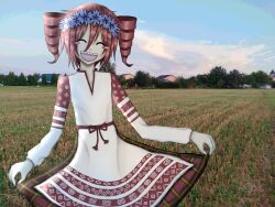  1girl belarus belarusian_clothes blush closed_eyes clothes_lift drill_hair field happy head_wreath highres kasane_teto morimori_1411 open_mouth photo_background red_hair skirt skirt_lift solo teeth twin_drills utau 