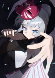  1girl absurdres black_background blue_eyes breasts character_request closed_mouth commentary copyright_request highres kumari2311 kunai long_hair looking_at_another mask ninja solo weapon white_hair 