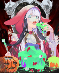  animal_ear_hood animal_ears ascot bad_food black_choker black_hair black_nails bow brown_bow brown_shirt cake choker clothing_cutout collared_shirt commentary_request disembodied_eye eating facial_tattoo fangs flower food frilled_shirt frilled_sleeves frills halloween highres holding holding_food holding_knife hood hooded_shirt horror_(theme) jack-o'-lantern knife layered_shirt layered_sleeves long_sidelocks long_sleeves lop_rabbit_ears miracle_nikki multicolored_hair nail_polish neck_flower nikki_(series) on_throne open_mouth pointy_nose rabbit_ears red_background red_flower red_rose red_shirt rose shirt shoulder_cutout sidelocks sitting sleeve_bow star_(symbol) star_tattoo stylist_(nikki) table tattoo throne two-tone_hair upper_body uro_(uvxkf) white_ascot white_hair white_sleeves 