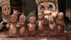  3girls bird blonde_hair blue_eyes brown_hair character_figure chef_hat chicken chocolate chocolate_chip_cookie clumsy_nun_(diva) cookie diva_(hyxpk) duck english_commentary food froggy_nun_(diva) glasses_nun_(diva) hat highres hungry_nun_(diva) little_nuns_(diva) multiple_girls nun sheep_nun_(diva) spicy_nun_(diva) traditional_nun yellow_eyes 