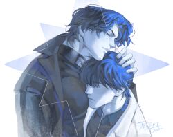  2boys absurdres belt_collar black_coat black_shirt blue_theme closed_eyes coat collar collared_shirt commentary curtained_hair dafffav hand_on_another's_head head_on_head head_rest highres kim_dokja male_focus multiple_boys omniscient_reader's_viewpoint open_clothes open_coat shirt short_hair sidelighting untranslatable_commentary white_coat yoo_joonghyuk 