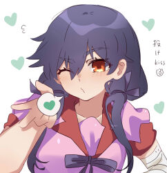  1girl absurdres bandaged_arm bandages blowing_kiss blush bow bowtie breasts close-up closed_mouth collared_shirt commentary dress_shirt eyelashes flying_sweatdrops hair_between_eyes hair_over_shoulder hair_ribbon hand_up heart heart_background highres kanbaru_suruga long_hair looking_at_viewer low_twintails medium_breasts monogatari_(series) naoetsu_high_school_uniform neck_ribbon one_eye_closed pink_shirt portrait puffy_short_sleeves puffy_sleeves purple_bow purple_bowtie purple_hair purple_ribbon pursed_lips red_trim ribbon school_uniform shirt short_sleeves solo speech_bubble spoken_heart summer_uniform thick_eyebrows translated tsugumi_(tgm_615486) twintails untranslatable_commentary white_background 