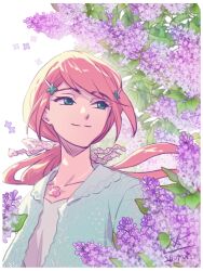  alternate_costume aqua_cardigan bloom cardigan collarbone digimon digimon_beatbreak flower green_eyes hair_ornament hair_ribbon hairpin highres jewelry kanuma_hotaruko leaf light_smile lilac long_hair looking_to_the_side low_ponytail necklace open_cardigan open_clothes pink_hair ponytail pqtiger purple_flower ribbon shell shell_necklace shirt signature simple_background turning_head upper_body white_background white_shirt 