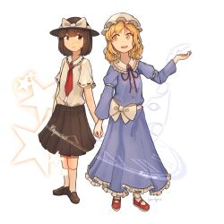  absurdres black_hat black_skirt blonde_hair bow brown_eyes brown_hair brown_shoes buttons clock closed_mouth collared_dress collared_shirt commentary contrast_collar crescent cyanaqua dress english_commentary english_text frilled_dress frilled_shirt_collar frills gap_(touhou) hat hat_bow highres holding_hands loafers long_dress long_sleeves maribel_hearn mary_janes medium_hair mob_cap neck_ribbon open_mouth purple_dress red_ribbon red_shoes ribbon ribbon-trimmed_collar ribbon-trimmed_sleeves ribbon_trim sash shirt shirt_tucked_in shoes short_hair short_sleeves skirt sleeve_garter smile socks standing star_(symbol) touhou transparent_background usami_renko white_bow white_hat white_sash white_shirt white_socks yellow_eyes yuri 