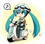  akiran_(r32) aqua_eyes aqua_hair backpack bag black_legwear chibi detached_sleeves driving goggles goggles_on_head hatsune_miku helmet motor_vehicle musical_note necktie randoseru scooter singing skirt solo thigh-highs thighhighs vehicle vocaloid 