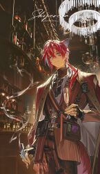  absurdres animal_ears arknights bar_(place) bellone_(arknights) black_gloves brown_suit champagne_flute commentary cup drinking_glass facial_mark fingerless_gloves gloves highres indoors jacket lighter multicolored_hair pants red_hair shycocoa streaked_hair striped_clothes striped_jacket striped_pants striped_suit suit untranslatable_commentary vertical-striped_clothes vertical-striped_jacket vertical-striped_pants violet_eyes wolf_boy wolf_ears zippo_lighter 