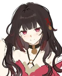  1girl alternate_hairstyle bare_shoulders bell black_choker blunt_bangs blush brown_hair butterfly-shaped_pupils choker clenched_hand closed_mouth collarbone commentary_request criss-cross_halter cropped_torso detached_sleeves dress flat_chest gradient_hair hair_bell hair_ornament halterneck hand_up highres honkai:_star_rail honkai_(series) long_hair looking_at_viewer mole mole_under_each_eye mole_under_eye multicolored_hair multiple_moles neck_bell pink_eyes red_dress red_hair red_sleeves short_sleeves sidelocks simple_background sleeveless sleeveless_dress smile solo sparkle_(honkai:_star_rail) streaked_hair symbol-shaped_pupils taki-01 upper_body wavy_hair white_background x_hair_ornament 