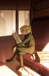  1girl belt blonde_hair blue_eyes briefcase commentary_request crossed_legs full_body highres jacket jewelry long_sleeves looking_at_viewer military_jacket military_uniform necklace newspaper pants ponytail shoes short_hair sitting solo syake_chi tanya_degurechaff youjo_senki 
