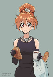  1girl audrey_hepburn bag baguette black_dress black_gloves bread breakfast_at_tiffany's chewing coffee commentary_request cosplay cowboy_shot croissant crumbs dress earrings elbow_gloves food gloves green_background hair_ornament holly_golightly holly_golightly_(cosplay) jewelry lina_inverse looking_at_viewer melissatea necklace orange_hair red_eyes shopping_bag signature simple_background slayers solo tiara updo 