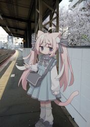  1girl ahoge animal_ears bag bow cat_ears cat_girl cat_tail commentary dress hair_ornament highres long_hair long_sleeves looking_at_viewer nakkar original photo_background pink_hair shoes shoulder_bag sleeves_past_wrists solo standing tail twintails untranslatable_commentary v 