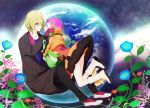  aquarion_evol blonde_hair bolero boots cropped_jacket earth flower gloves gradient_hair hair_over_one_eye jin_muso jin_musou multicolored_hair orange_hair purple_hair saku_(pixiv526117) skirt yunoha_thrul 