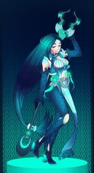  1girl abstract_background absurdres alternate_costume ankle_boots aqua_boots black_boots black_hair blue_background blue_eyes blue_gloves boots breasts check_clothing clothing_request commentary commission detached_sleeves elbow_gloves full_body gloves glowing glowing_weapon hair_tubes harpoon high_heel_boots high_heels highres holding holding_behind_back holding_polearm holding_polearm_behind_back holding_weapon holding_weapon_behind_back id_jkinaru large_breasts leg_up long_hair looking_at_viewer midriff multicolored_boots navel parted_bangs parted_lips pink_lips polearm protected_link sadina_(tate_no_yuusha_no_nariagari) second-party_source shirt single_hair_tube sleeveless sleeveless_shirt smile solo standing standing_on_one_leg tail-shaped_hair tate_no_yuusha_no_nariagari two-tone_boots untranslatable_commentary very_long_hair weapon white_loincloth 